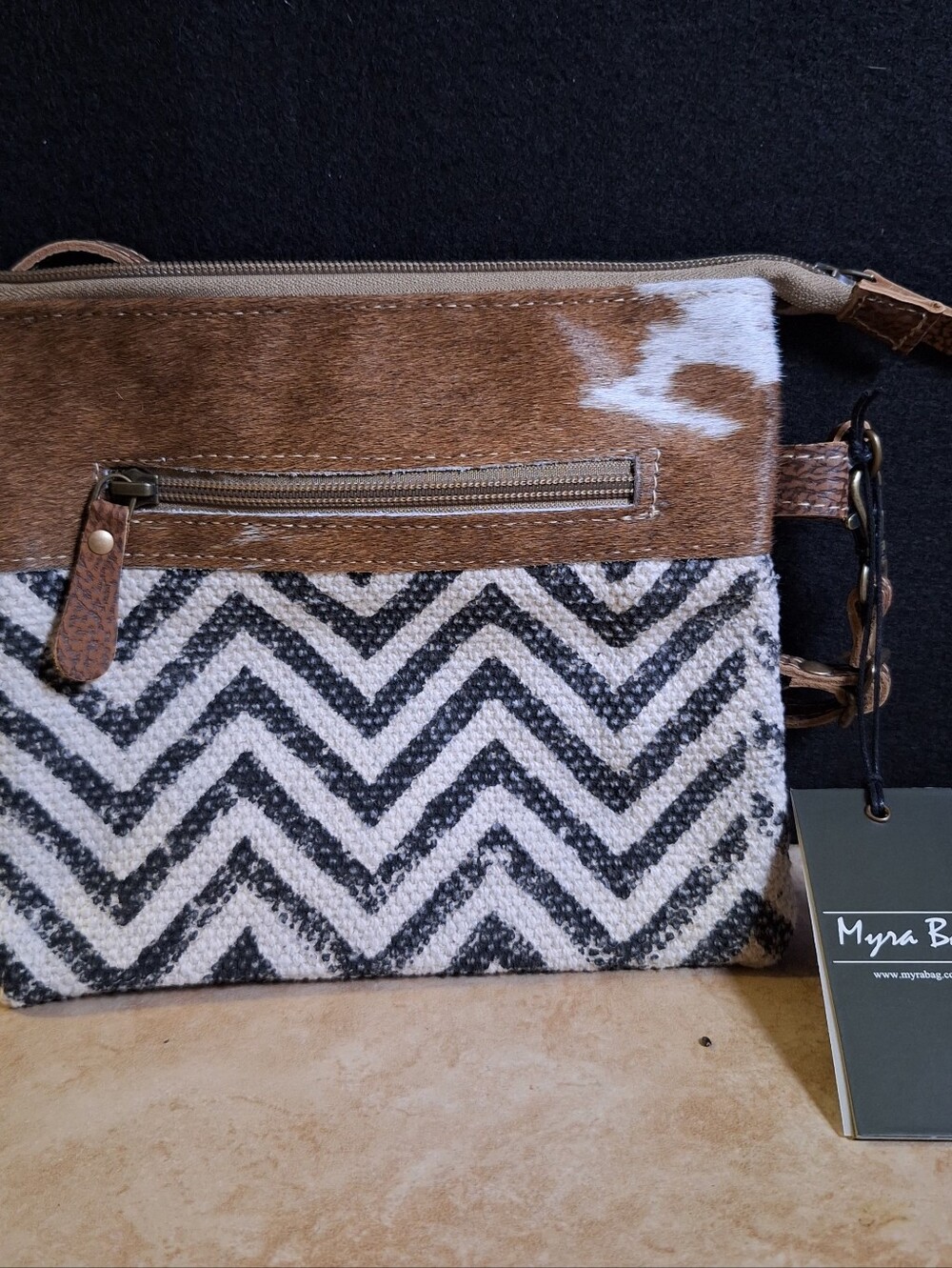 Myra Bag Staggering Crossbody Bag Brown Canvas Leather Cow Hair Western Zip Top